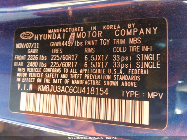2012 HYUNDAI TUCSON GLS PZEV VIN: KM8JU3AC6CU418154