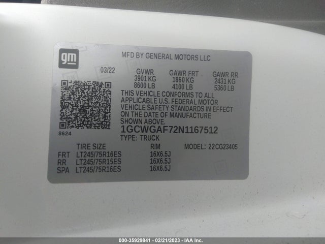 2022 Chevrolet Express, VIN: 1GCWGAF72N1167512