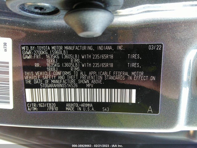 Toyota HIGHLANDER HYBRID 2022 5TDGARAH8NS514526 Image 11