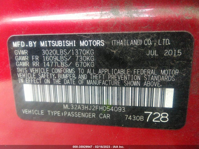 ML32A3HJ2FH054093 Mitsubishi Mirage De/rf