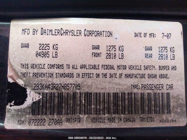 Dodge CHARGER 2007 2B3KA43R27H857709 Image 11