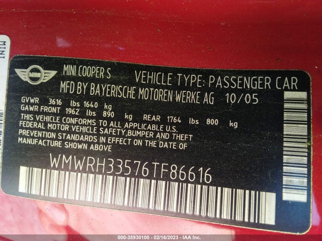 WMWRH33576TF86616 Mini Cooper Convertible S
