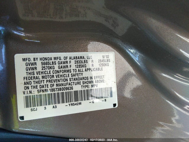 2003 HONDA ODYSSEY EX VIN: 5FNRL18673B009636