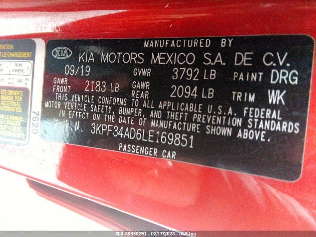 2020 KIA FORTE GT LINE VIN: 3KPF34AD6LE169851
