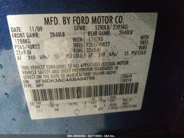 2010 FORD EDGE SPORT VIN: 2FMDK3AC4ABA64799