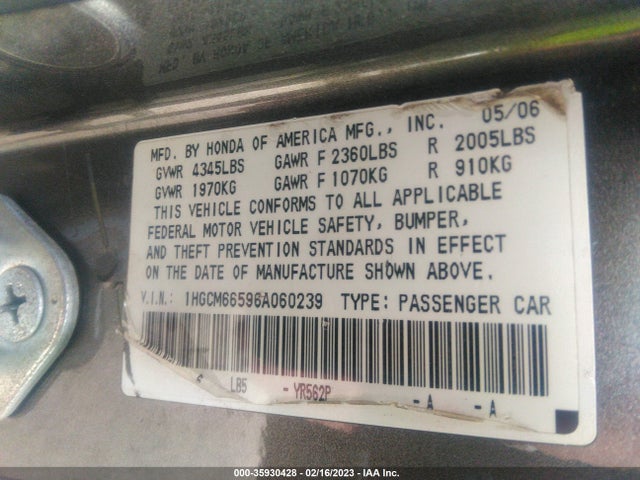 2006 HONDA ACCORD SDN EX-L V6 VIN: 1HGCM66596A060239