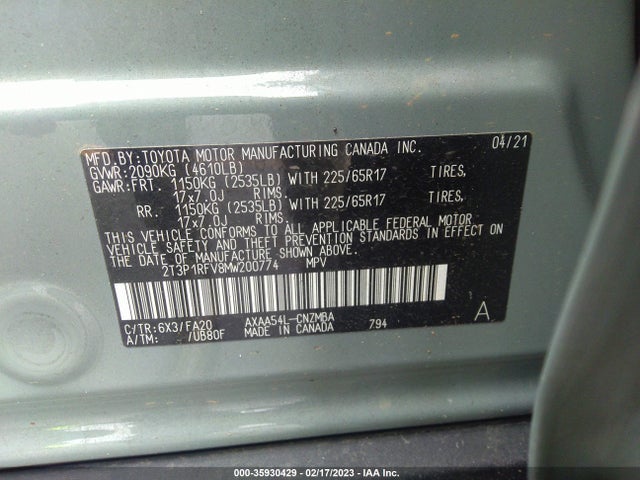 2021 Toyota RAV4, VIN: 2T3P1RFV8MW200774