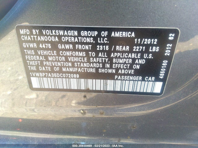 1VWBP7A35DC072089 Volkswagen Passat Se W/sunroof