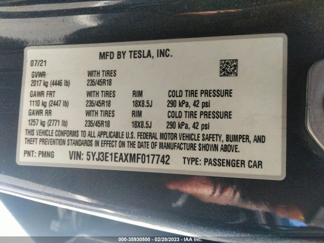 Tesla Model 3 Standard Range Plus 2021 5YJ3E1EAXMF017742 Image 10