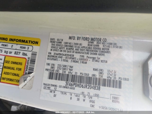 Ford FUSION SE 2018 3FA6P0HD6JR204838 Image 9