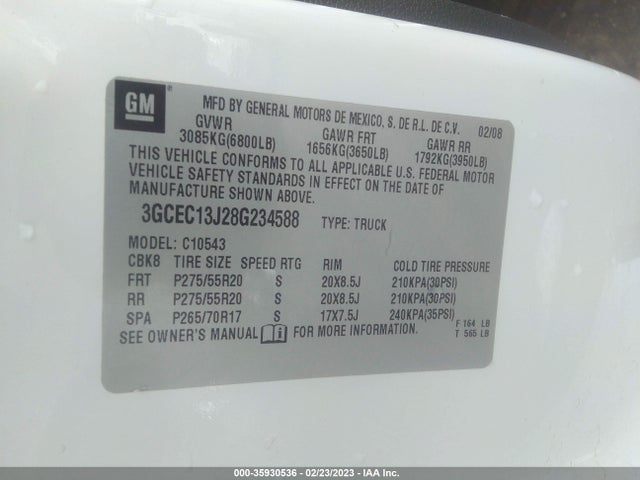 2008 CHEVROLET SILVERADO 1500 LT W/1LT VIN: 3GCEC13J28G234588
