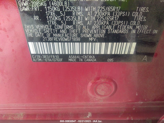2013 TOYOTA RAV4 LE VIN: 2T3BFREV8DW071898