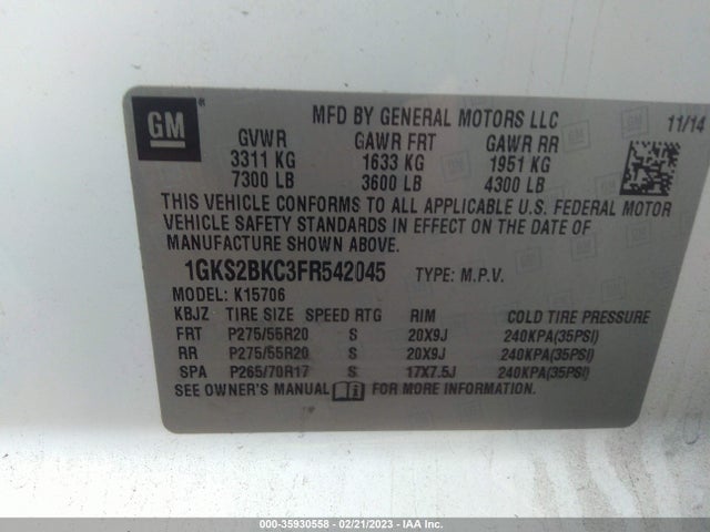 GMC YUKON SLT 2015 1GKS2BKC3FR542045 Image 9