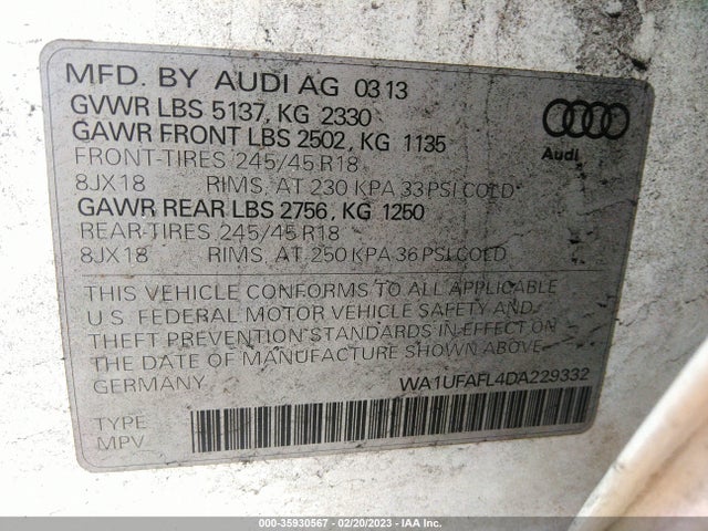 2013 AUDI ALLROAD PREMIUM PLUS VIN: WA1UFAFL4DA229332