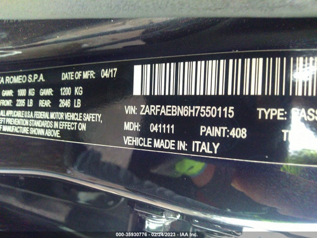 2017 Alfa Romeo Giulia, VIN: ZARFAEBN6H7550115