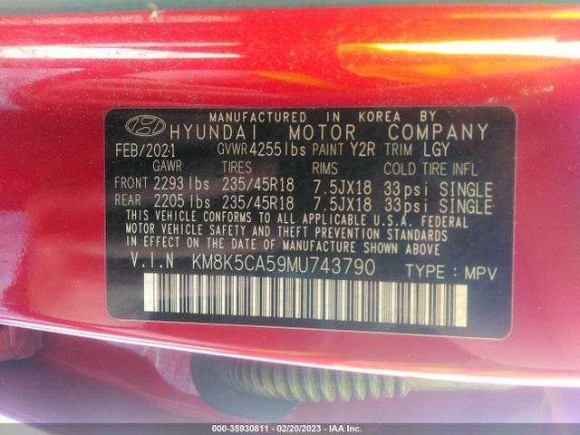 2021 HYUNDAI KONA ULTIMATE VIN: KM8K5CA59MU743790