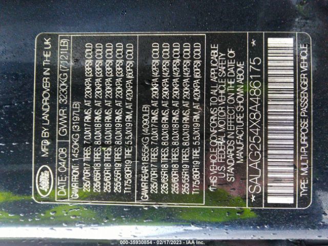 SALAG254X8A486175 Land Rover LR3 HSE