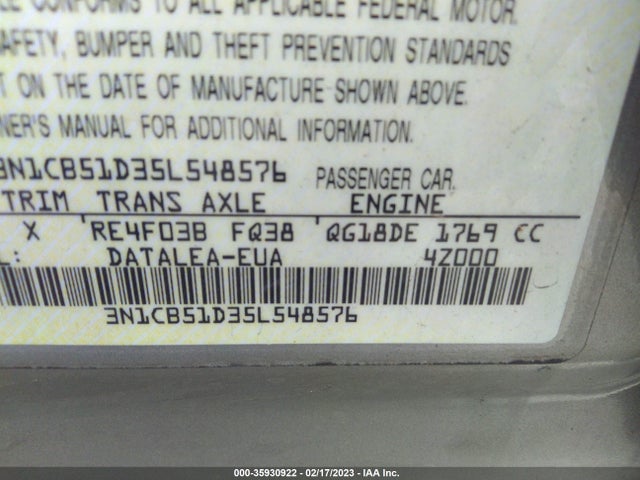 2005 NISSAN SENTRA 1.8 S VIN: 3N1CB51D35L548576