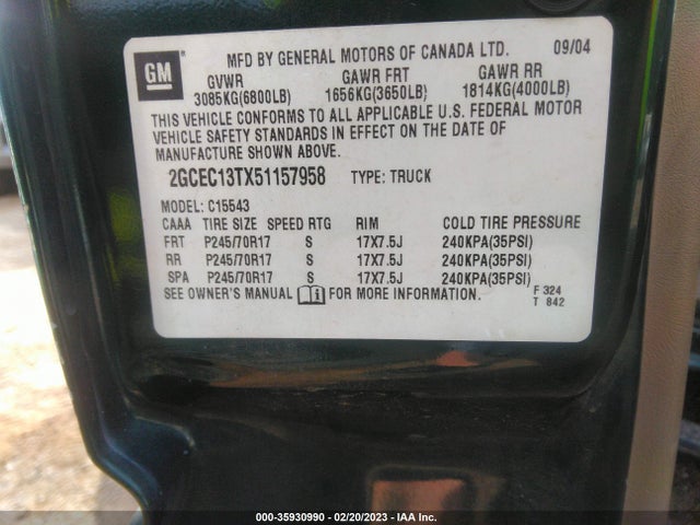 2005 CHEVROLET SILVERADO 1500 LS VIN: 2GCEC13TX51157958