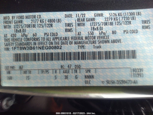 2022 Ford F-350, VIN: 1FT8W3B61NEG00802