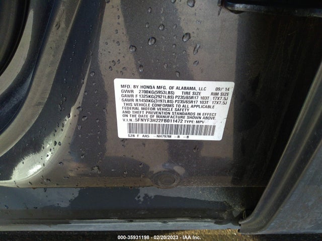 Honda PILOT LX 2015 5FNYF3H22FB011472 Image 9