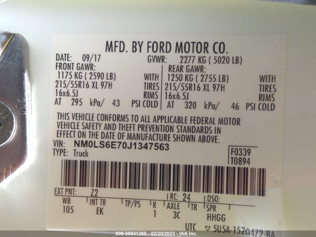 2018 Ford Transit Connect, VIN: NM0LS6E70J1347563