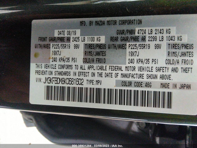 2019 MAZDA CX-5 GRAND TOURING VIN: JM3KFBDM8K0681602
