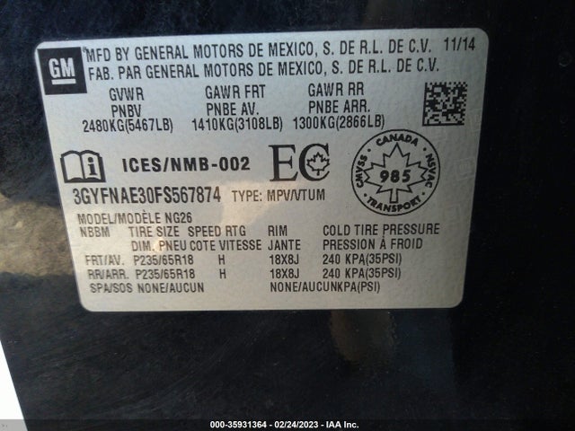 3GYFNAE30FS567874 Cadillac Srx Base