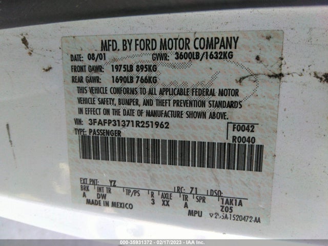 2001 FORD FOCUS ZX3 VIN: 3FAFP31371R251962