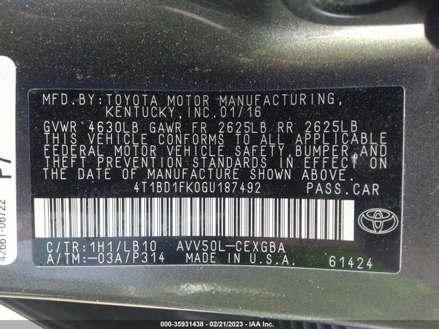 2016 Toyota Camry, VIN: 4T1BD1FK0GU187492