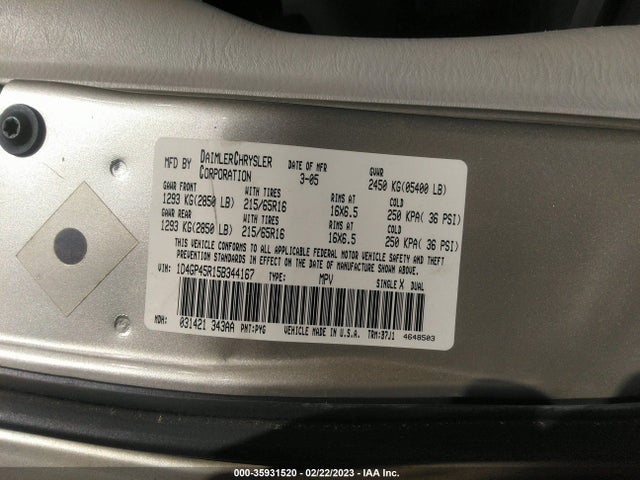 2005 DODGE CARAVAN SXT VIN: 1D4GP45R15B344167
