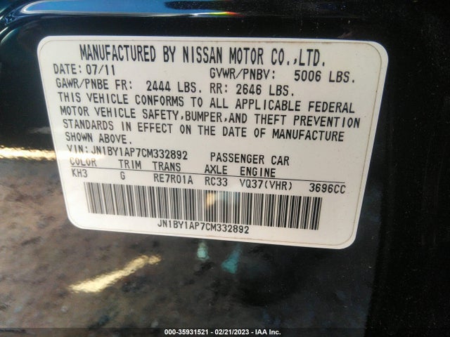 2012 INFINITI M37 VIN: JN1BY1AP7CM332892