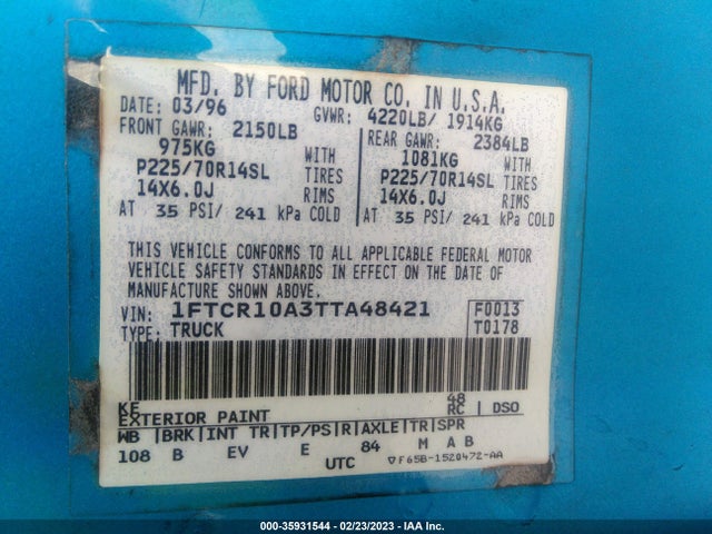 1996 FORD RANGER VIN: 1FTCR10A3TTA48421