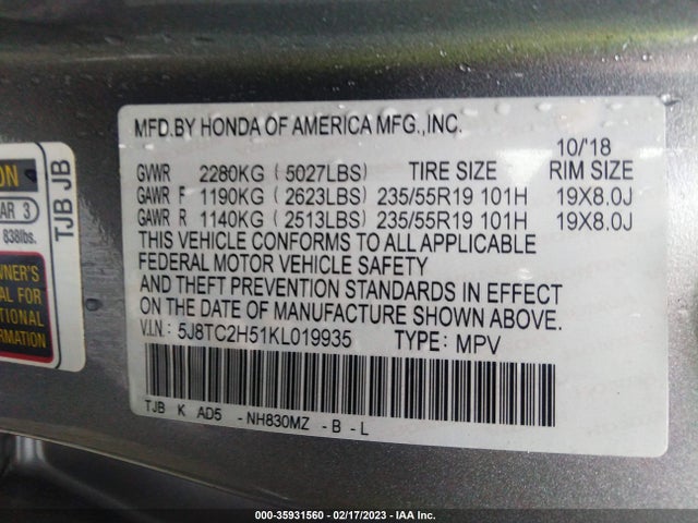 Acura Rdx W/technology Pkg 2019 5J8TC2H51KL019935 Image 10