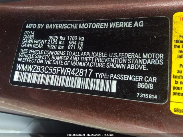 2015 MINI COOPER COUNTRYMAN VIN: WMWZB3C55FWR42817