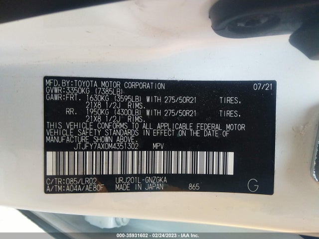 2021 Lexus LX, VIN: JTJFY7AX0M4351302