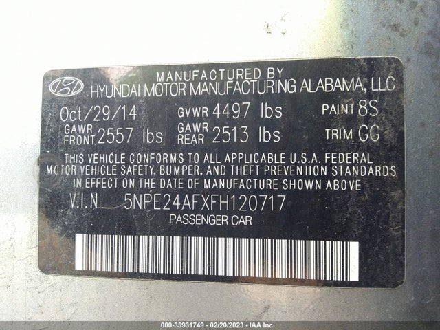 2015 HYUNDAI SONATA 2.4L SE VIN: 5NPE24AFXFH120717