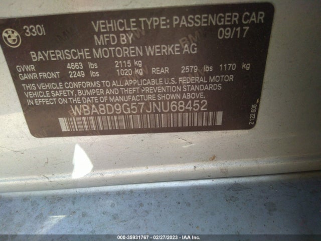 BMW 3 Series 330i Xdrive 2018 WBA8D9G57JNU68452 Image 9