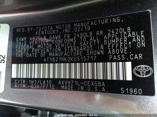 2019 Toyota Camry, VIN: 4T1B21HK2KU515717