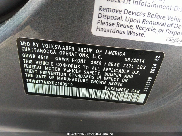 1VWBT7A3XEC108310 Volkswagen Passat Se W/sunroof & Nav