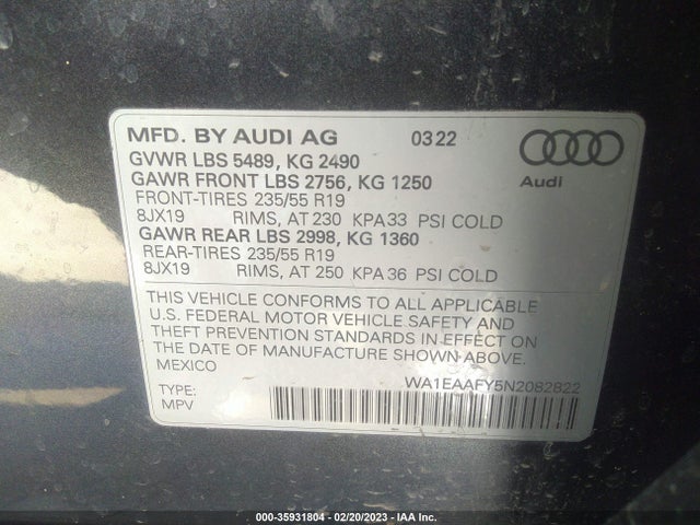 WA1EAAFY5N2082822 Audi Q5 S Line Premium Plus