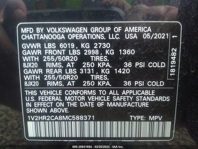 1V2HR2CA8MC588371 Volkswagen Atlas 3.6l V6 Se W/technology