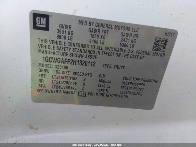 2017 CHEVROLET EXPRESS CARGO VAN VIN: 1GCWGAFF2H1320112