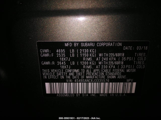 2018 SUBARU OUTBACK LIMITED VIN: 4S4BSANC6J3335576
