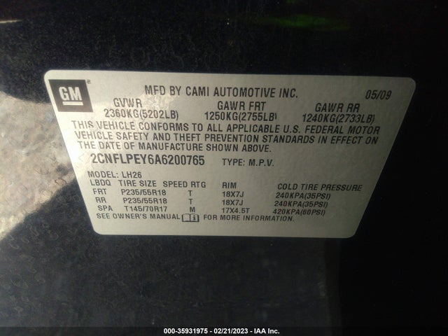 2010 CHEVROLET EQUINOX LT W/2LT VIN: 2CNFLPEY6A6200765