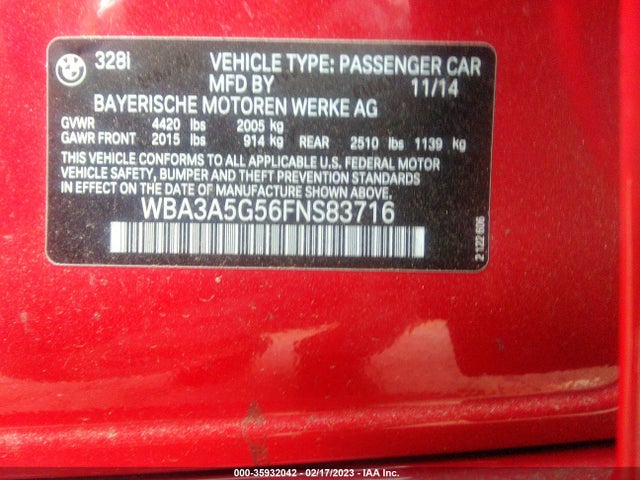 2015 BMW 3 SERIES 328I VIN: WBA3A5G56FNS83716