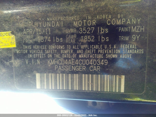 2012 HYUNDAI ACCENT GLS VIN: KMHCU4AE4CU040349