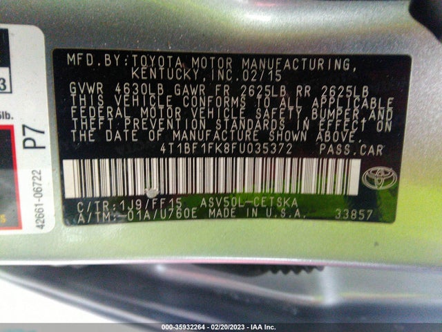 2015 TOYOTA CAMRY XLE/SE/LE/XSE VIN: 4T1BF1FK8FU035372
