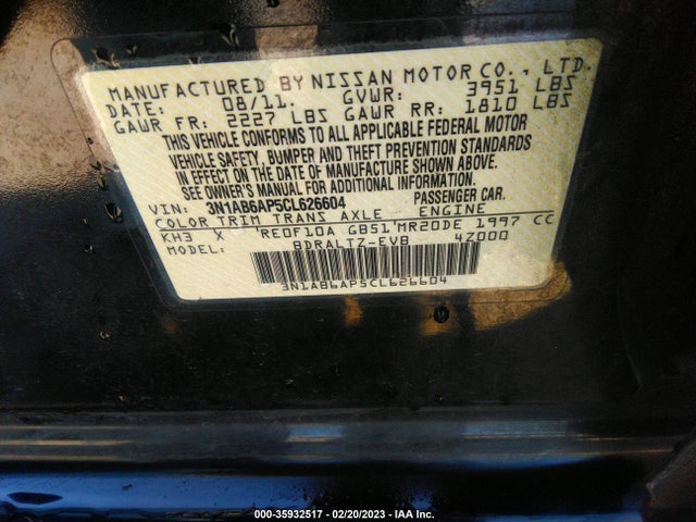 2012 NISSAN SENTRA 2.0 SR VIN: 3N1AB6AP5CL626604
