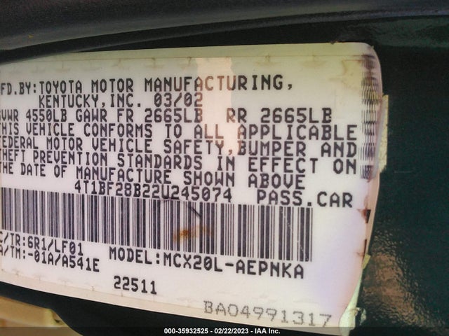 2002 TOYOTA AVALON XL/XLS VIN: 4T1BF28B22U245074